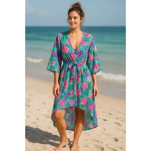 SWIMSUITS FOR ALL Women's Rayon Tropical Taylor Open Front Kimono Size Large